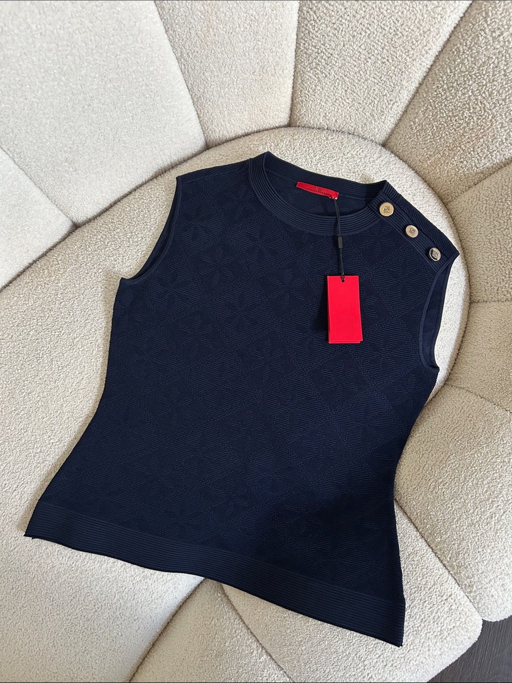 Carolina Herrera Navy Textured Sleeveless Tank with Shoulder Buttons